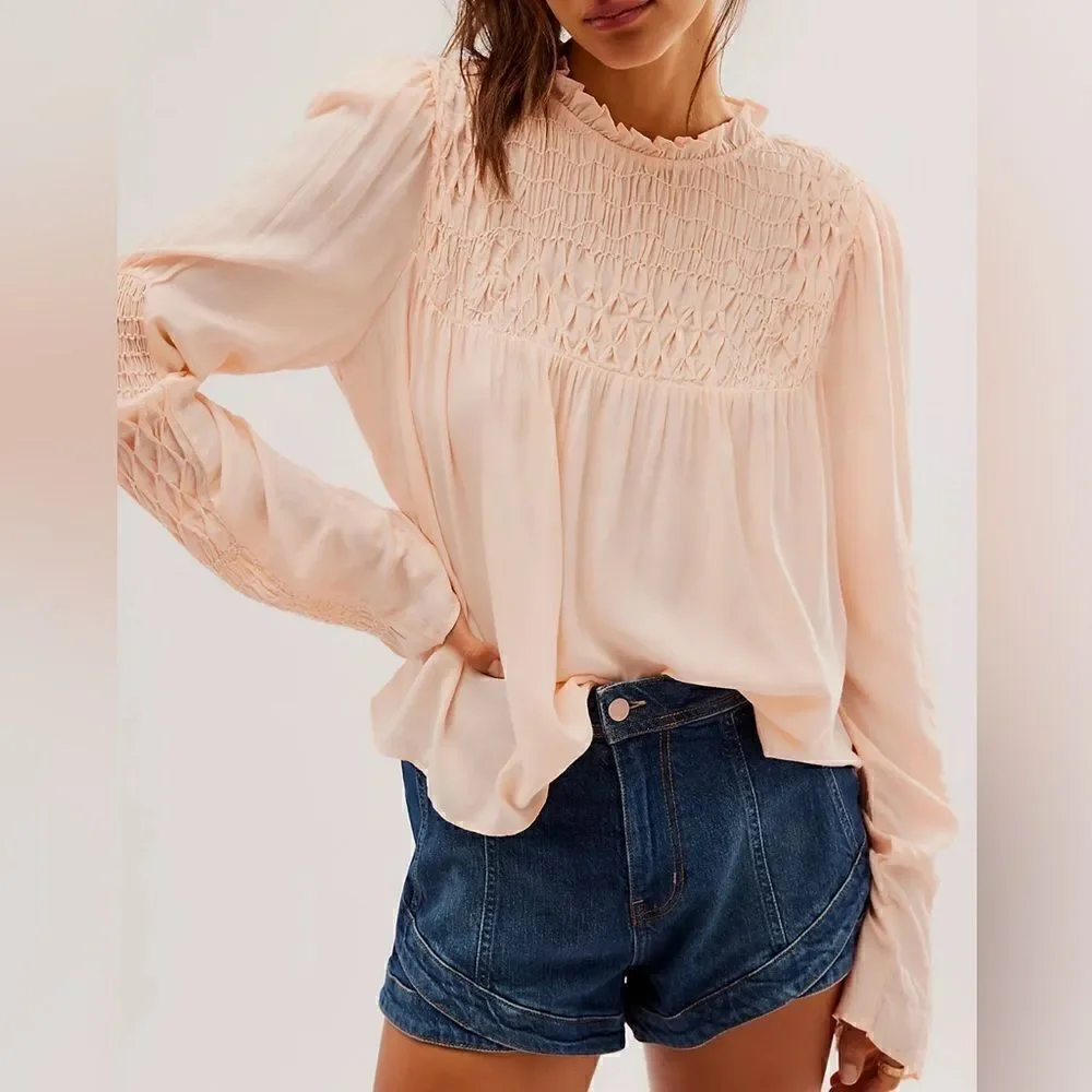NWOT Free People Smocked In Time Top Ruffled High Neck Long Sleeves XS Feminine